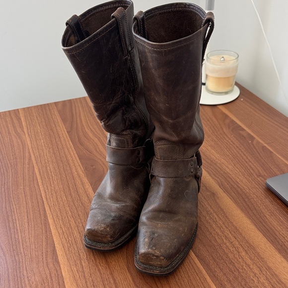 Frye Harness 12R Boots - women’s Brown Leather Mid-Calf Roper Boots - Picture 3 of 15